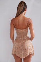 Sheer Embellished Scoop Neck Mini Dress in Almond  Gemma Chic