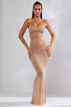 Sheer Embellished Scoop Neck Evening Gown in Almond  Gemma Chic