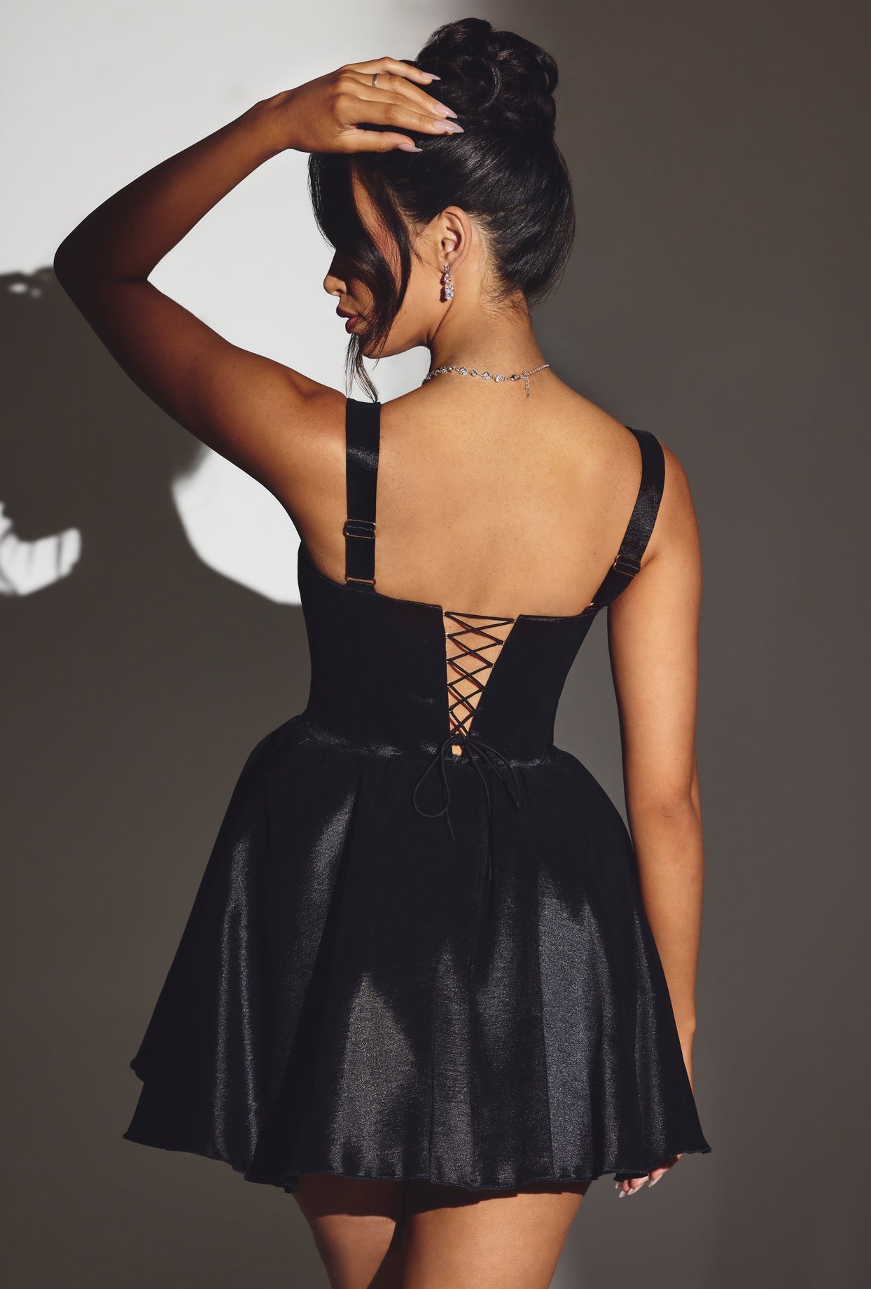 Woven Taffeta Corset Mini Dress in Jet Black  Gemma Chic