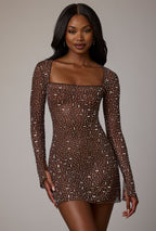Sheer Embellished Long Sleeve A-Line Mini Dress in Deep Cocoa  Gemma Chic