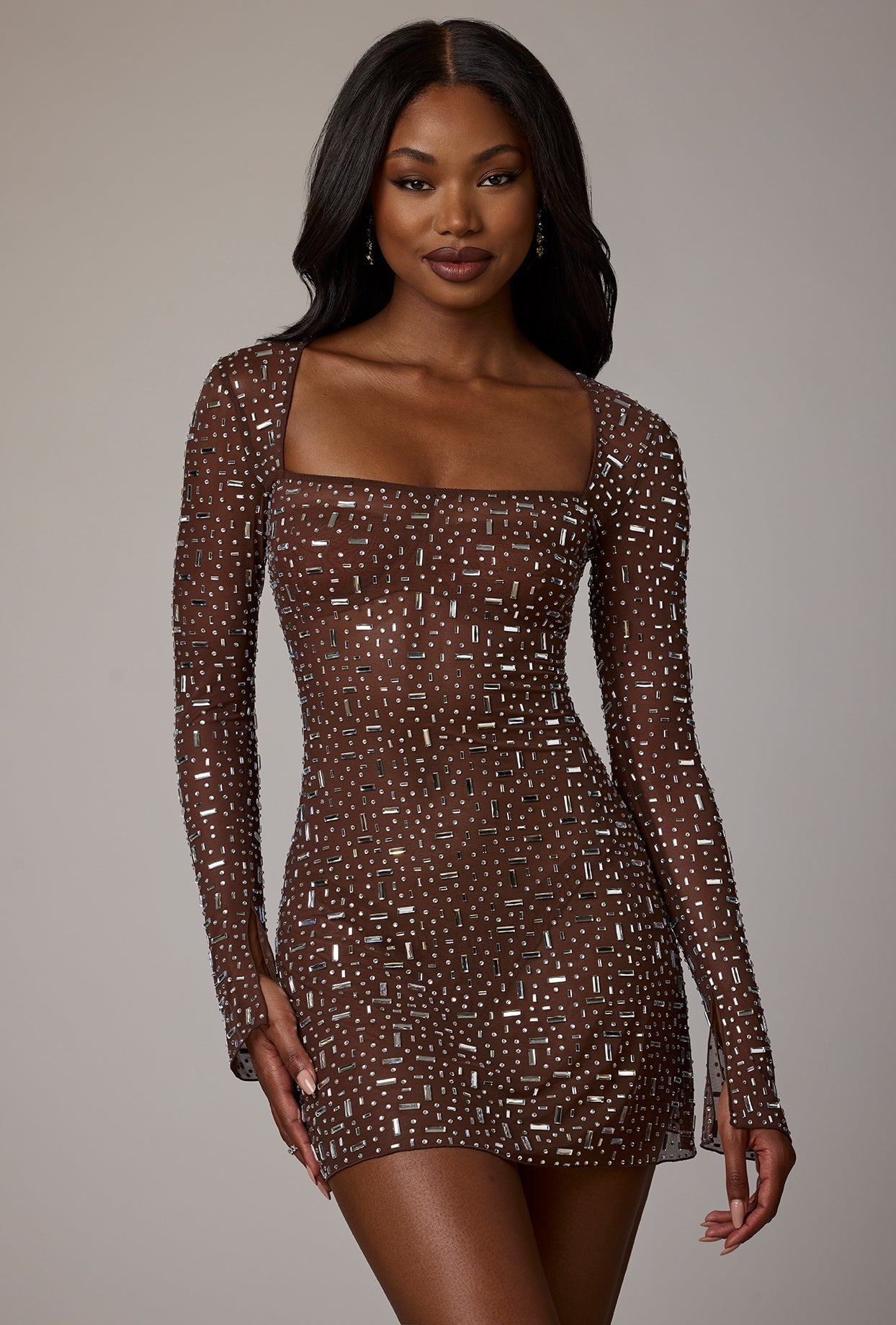 Sheer Embellished Long Sleeve A-Line Mini Dress in Deep Cocoa  Gemma Chic