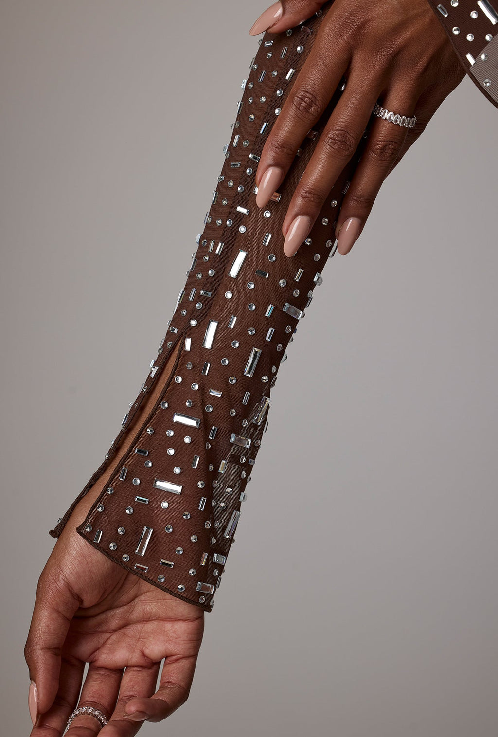 Sheer Embellished Long Sleeve A-Line Mini Dress in Deep Cocoa  Gemma Chic