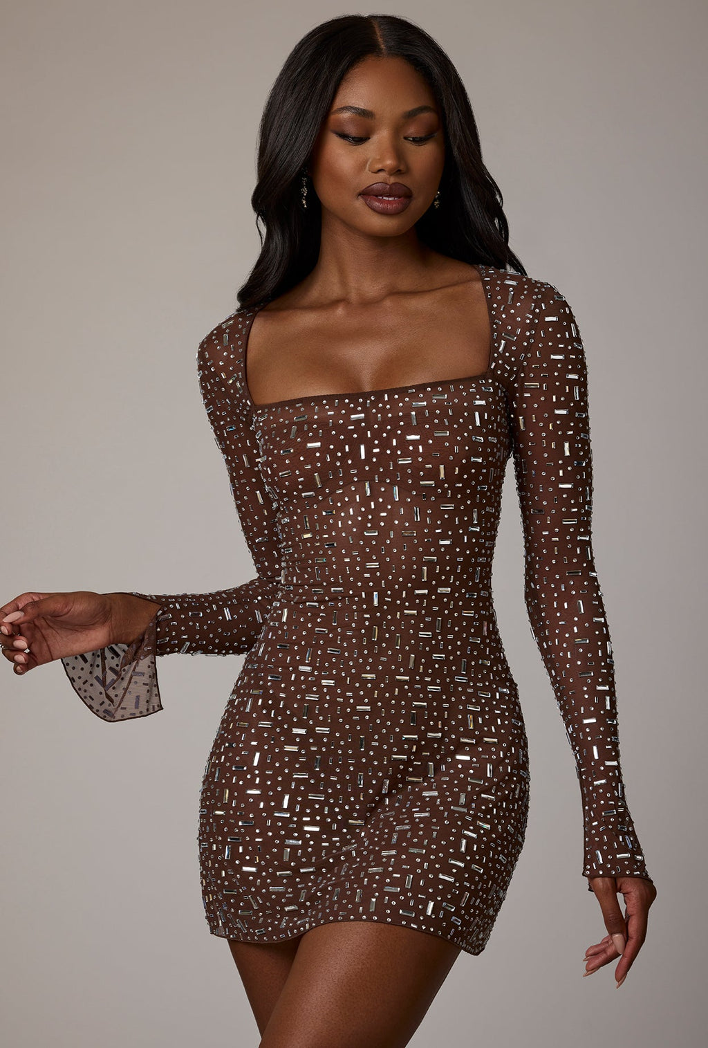 Sheer Embellished Long Sleeve A-Line Mini Dress in Deep Cocoa  Gemma Chic