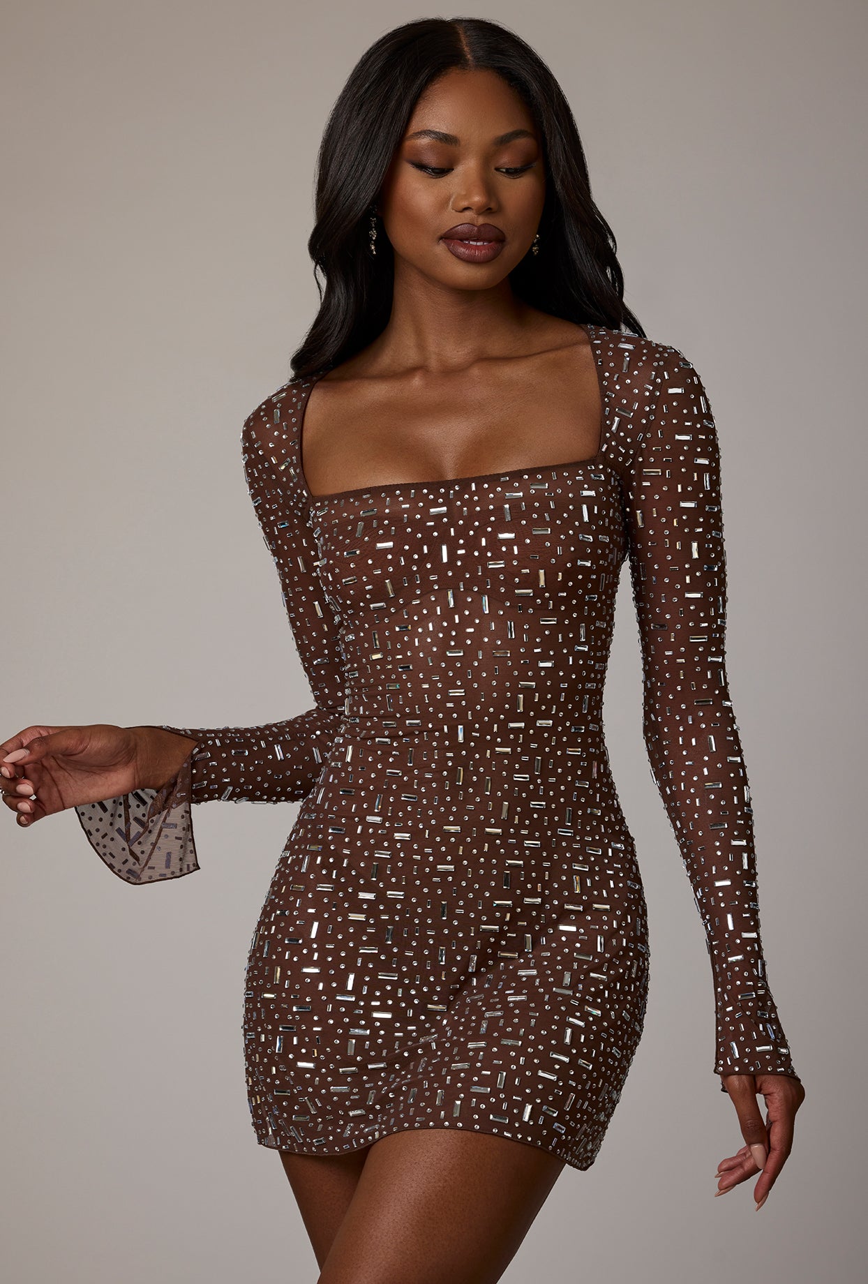 Sheer Embellished Long Sleeve A-Line Mini Dress in Deep Cocoa  Gemma Chic