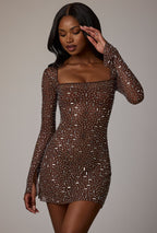 Sheer Embellished Long Sleeve A-Line Mini Dress in Deep Cocoa  Gemma Chic