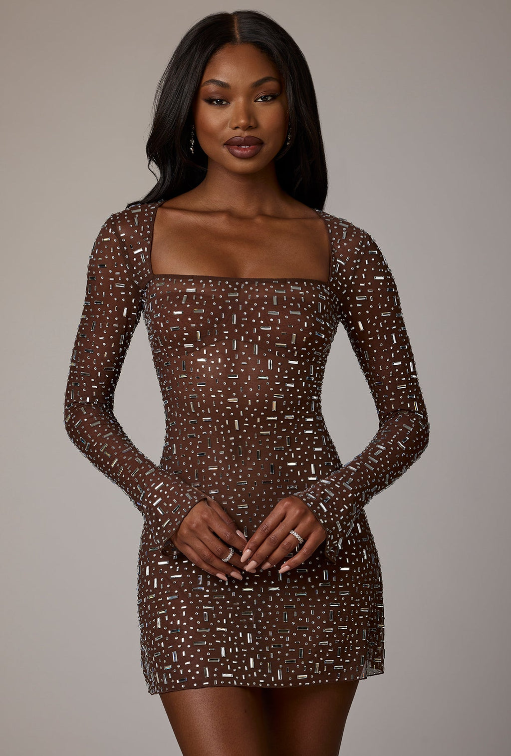 Sheer Embellished Long Sleeve A-Line Mini Dress in Deep Cocoa  Gemma Chic