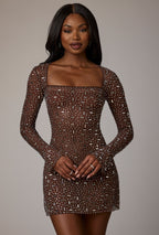 Sheer Embellished Long Sleeve A-Line Mini Dress in Deep Cocoa  Gemma Chic