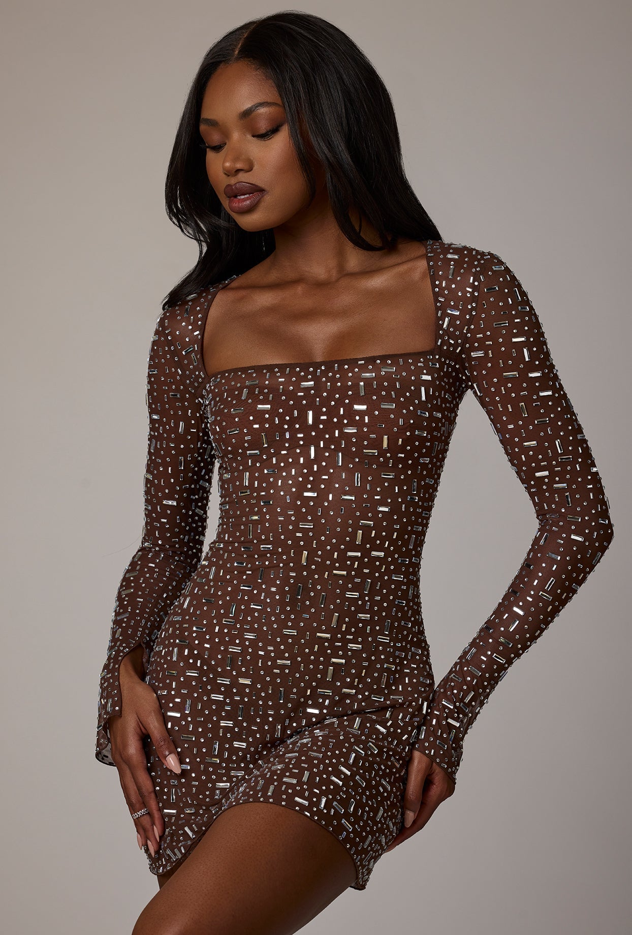 Sheer Embellished Long Sleeve A-Line Mini Dress in Deep Cocoa  Gemma Chic