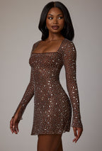 Sheer Embellished Long Sleeve A-Line Mini Dress in Deep Cocoa  Gemma Chic