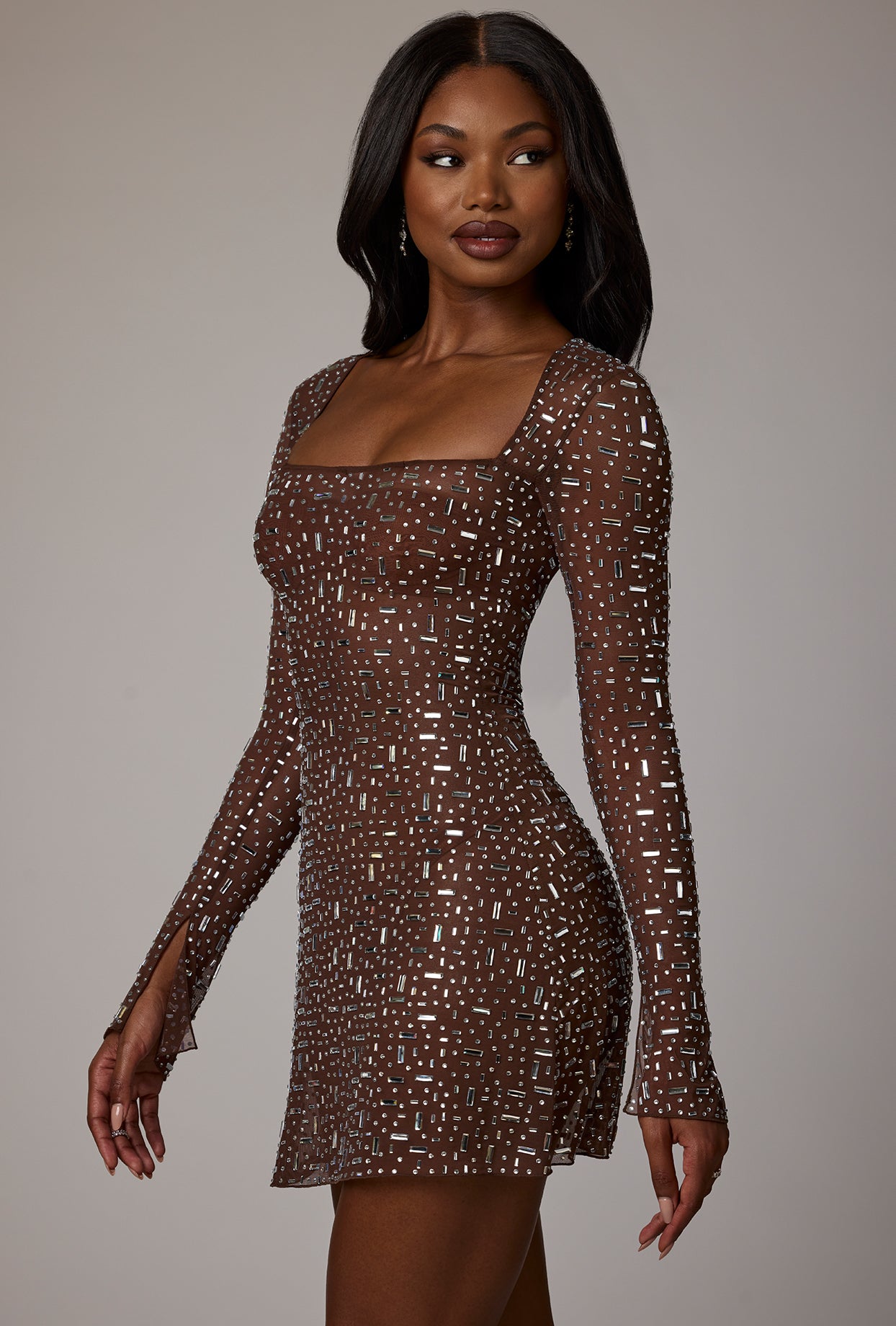 Sheer Embellished Long Sleeve A-Line Mini Dress in Deep Cocoa  Gemma Chic