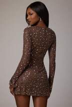 Sheer Embellished Long Sleeve A-Line Mini Dress in Deep Cocoa  Gemma Chic
