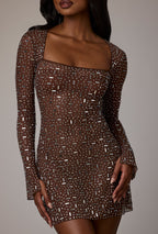 Sheer Embellished Long Sleeve A-Line Mini Dress in Deep Cocoa  Gemma Chic