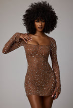 Sheer Embellished Long Sleeve A-Line Mini Dress in Mocha  Gemma Chic
