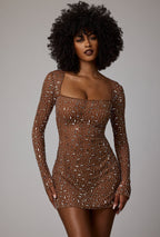 Sheer Embellished Long Sleeve A-Line Mini Dress in Mocha  Gemma Chic