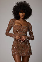Sheer Embellished Long Sleeve A-Line Mini Dress in Mocha  Gemma Chic