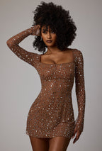 Sheer Embellished Long Sleeve A-Line Mini Dress in Mocha  Gemma Chic