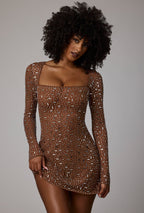 Sheer Embellished Long Sleeve A-Line Mini Dress in Mocha  Gemma Chic