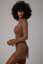 Sheer Embellished Long Sleeve A-Line Mini Dress in Mocha  Gemma Chic