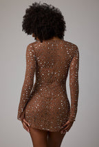 Sheer Embellished Long Sleeve A-Line Mini Dress in Mocha  Gemma Chic
