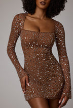 Sheer Embellished Long Sleeve A-Line Mini Dress in Mocha  Gemma Chic