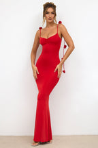 Slinky Jersey Rose Detail Evening Gown in Scarlet Red  Gemma Chic