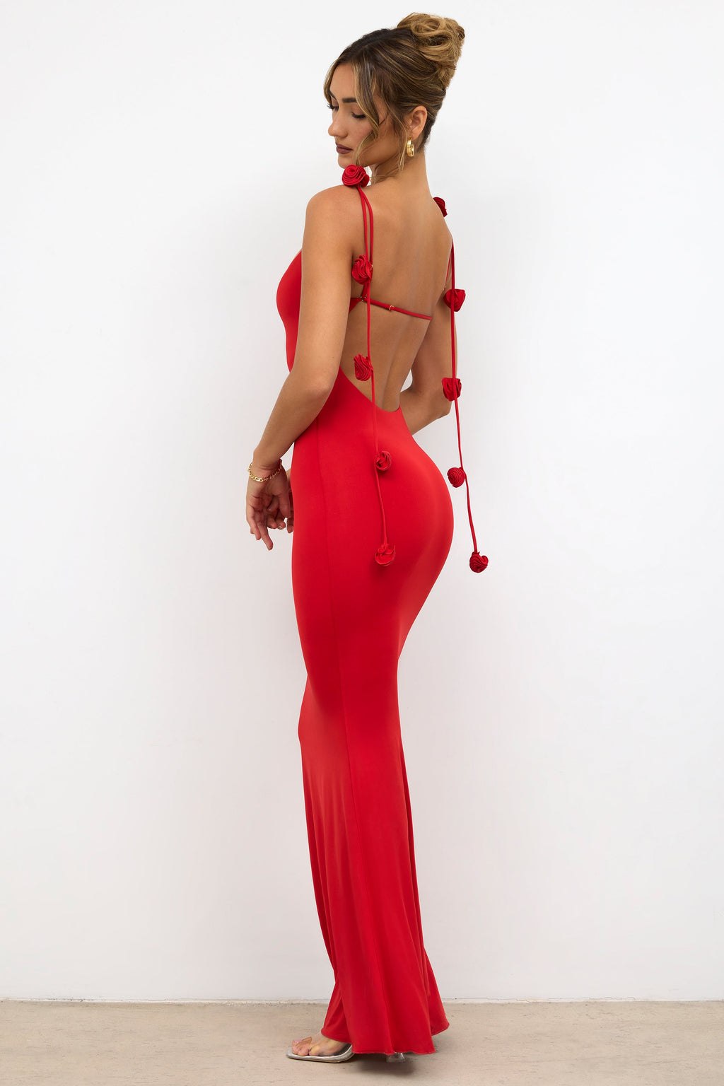 Slinky Jersey Rose Detail Evening Gown in Scarlet Red  Gemma Chic