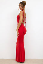 Slinky Jersey Rose Detail Evening Gown in Scarlet Red  Gemma Chic