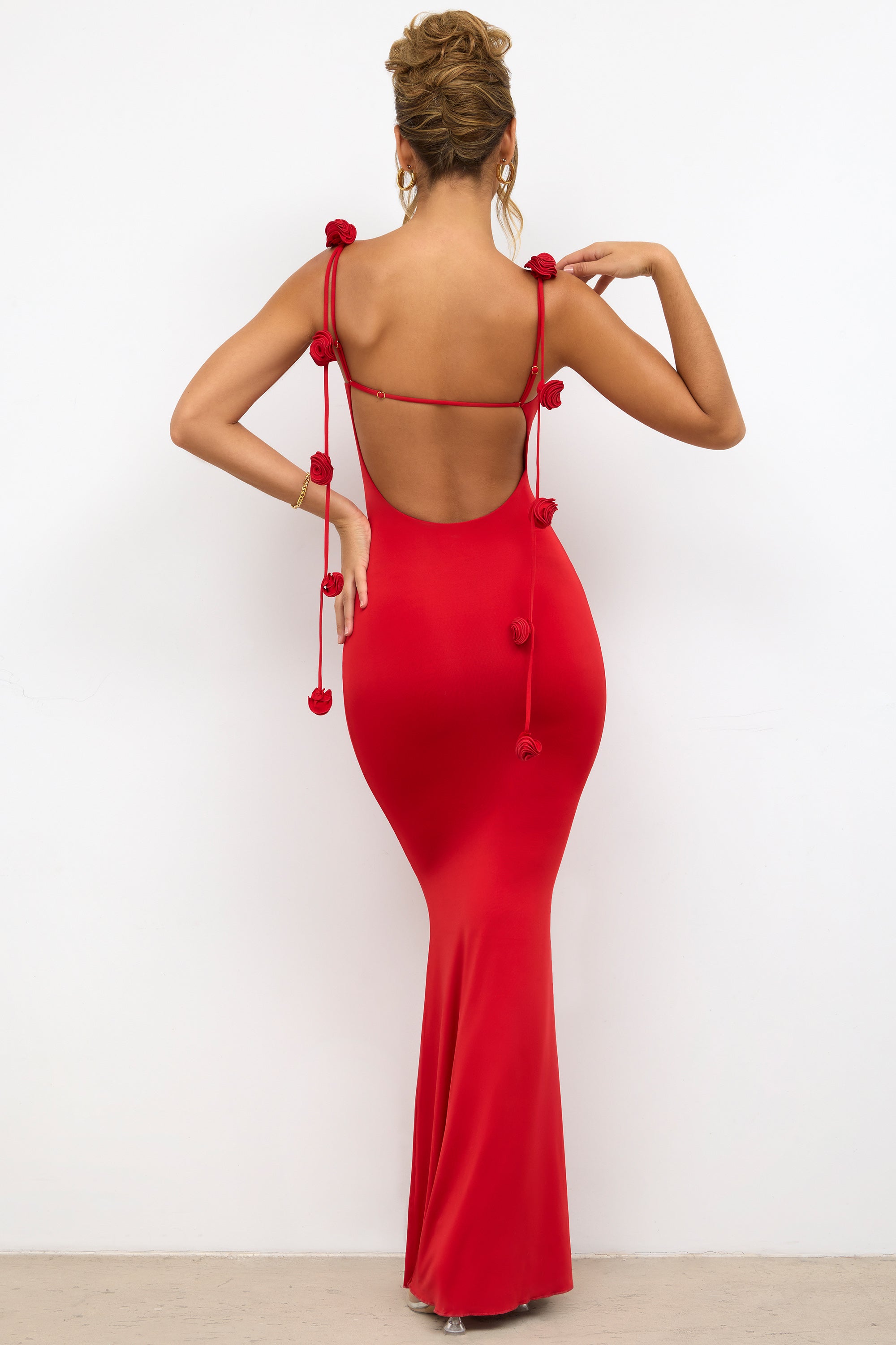 Slinky Jersey Rose Detail Evening Gown in Scarlet Red  Gemma Chic
