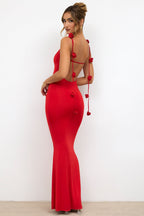 Slinky Jersey Rose Detail Evening Gown in Scarlet Red  Gemma Chic