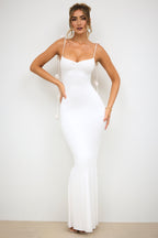Slinky Jersey Rose Detail Evening Gown in White  Gemma Chic