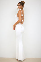 Slinky Jersey Rose Detail Evening Gown in White  Gemma Chic