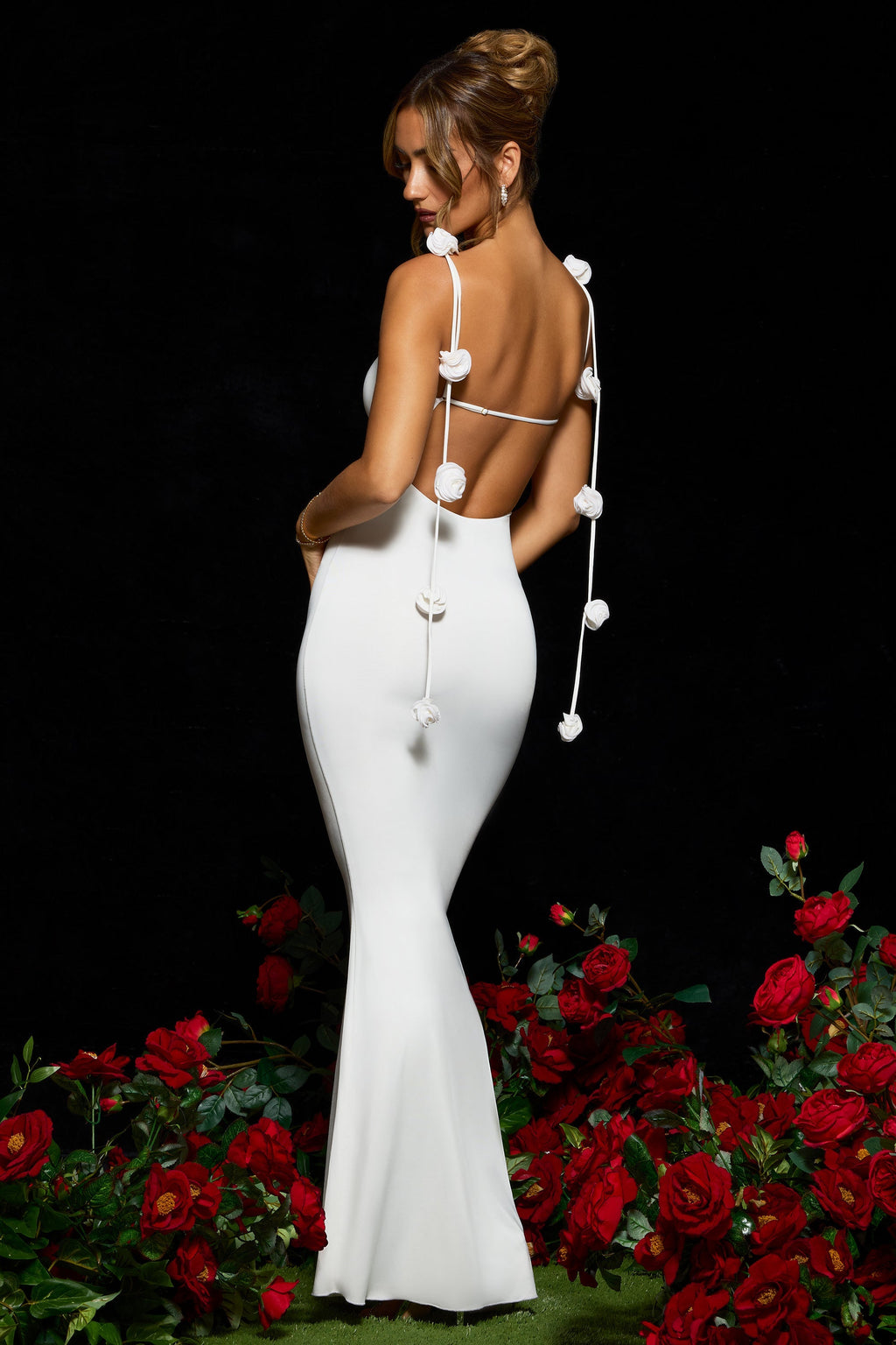 Slinky Jersey Rose Detail Evening Gown in White  Gemma Chic