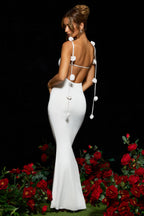 Slinky Jersey Rose Detail Evening Gown in White  Gemma Chic