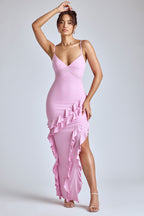 Panelled Ruffle Evening Gown in Baby Pink  Gemma Chic