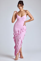 Panelled Ruffle Evening Gown in Baby Pink  Gemma Chic