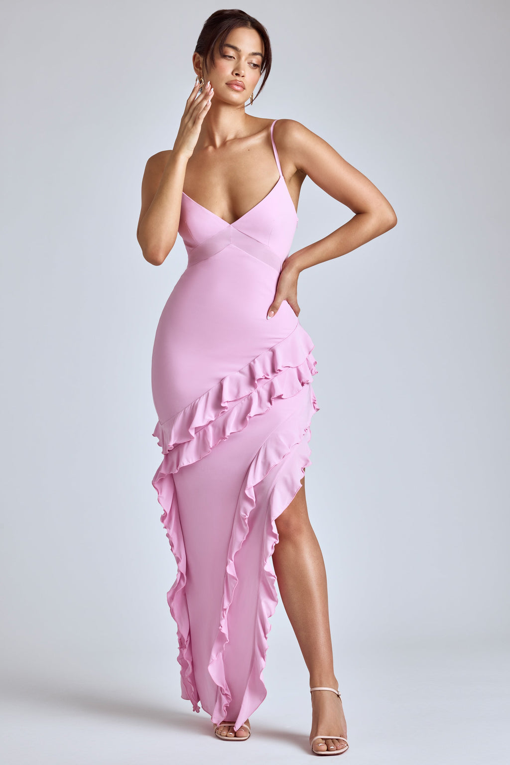 Panelled Ruffle Evening Gown in Baby Pink  Gemma Chic