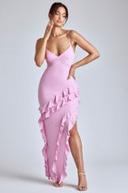 Panelled Ruffle Evening Gown in Baby Pink  Gemma Chic