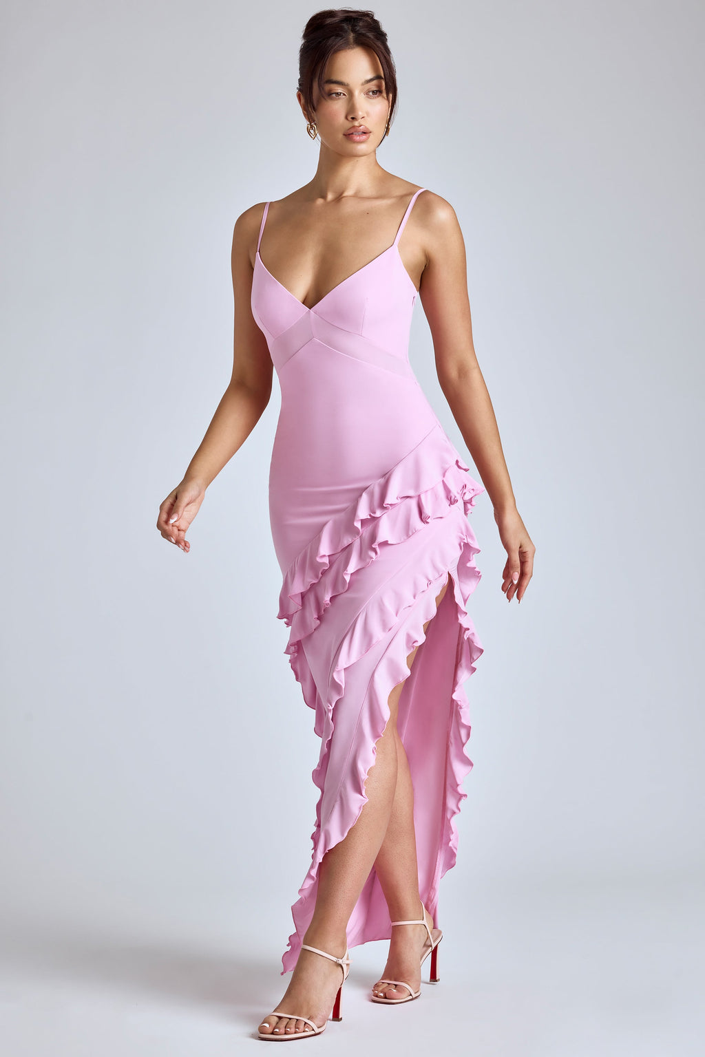 Panelled Ruffle Evening Gown in Baby Pink  Gemma Chic