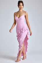 Panelled Ruffle Evening Gown in Baby Pink  Gemma Chic
