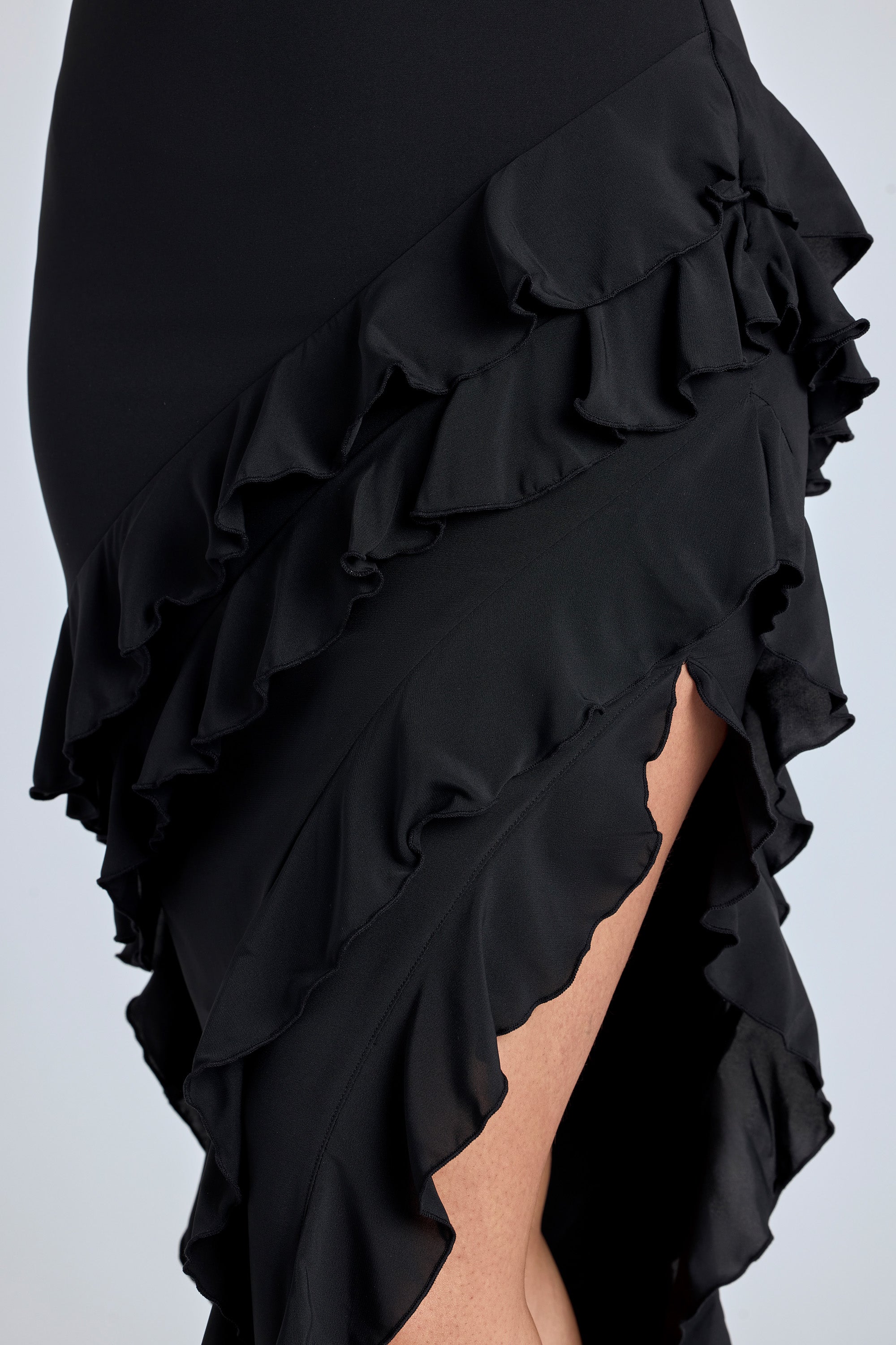 Panelled Ruffle Evening Gown in Black  Gemma Chic