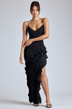 Panelled Ruffle Evening Gown in Black  Gemma Chic