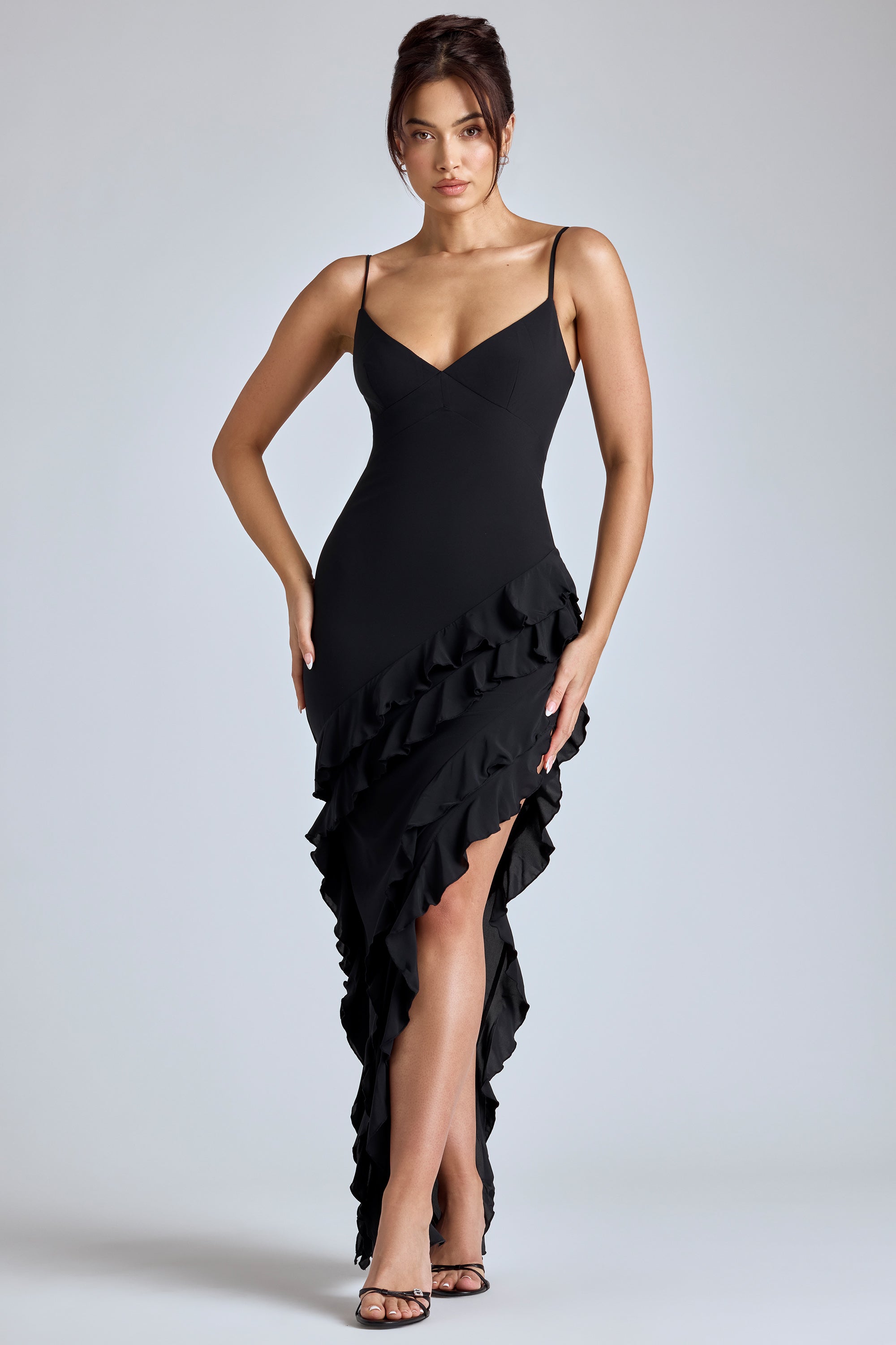 Panelled Ruffle Evening Gown in Black  Gemma Chic