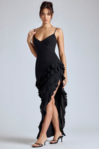 Panelled Ruffle Evening Gown in Black  Gemma Chic