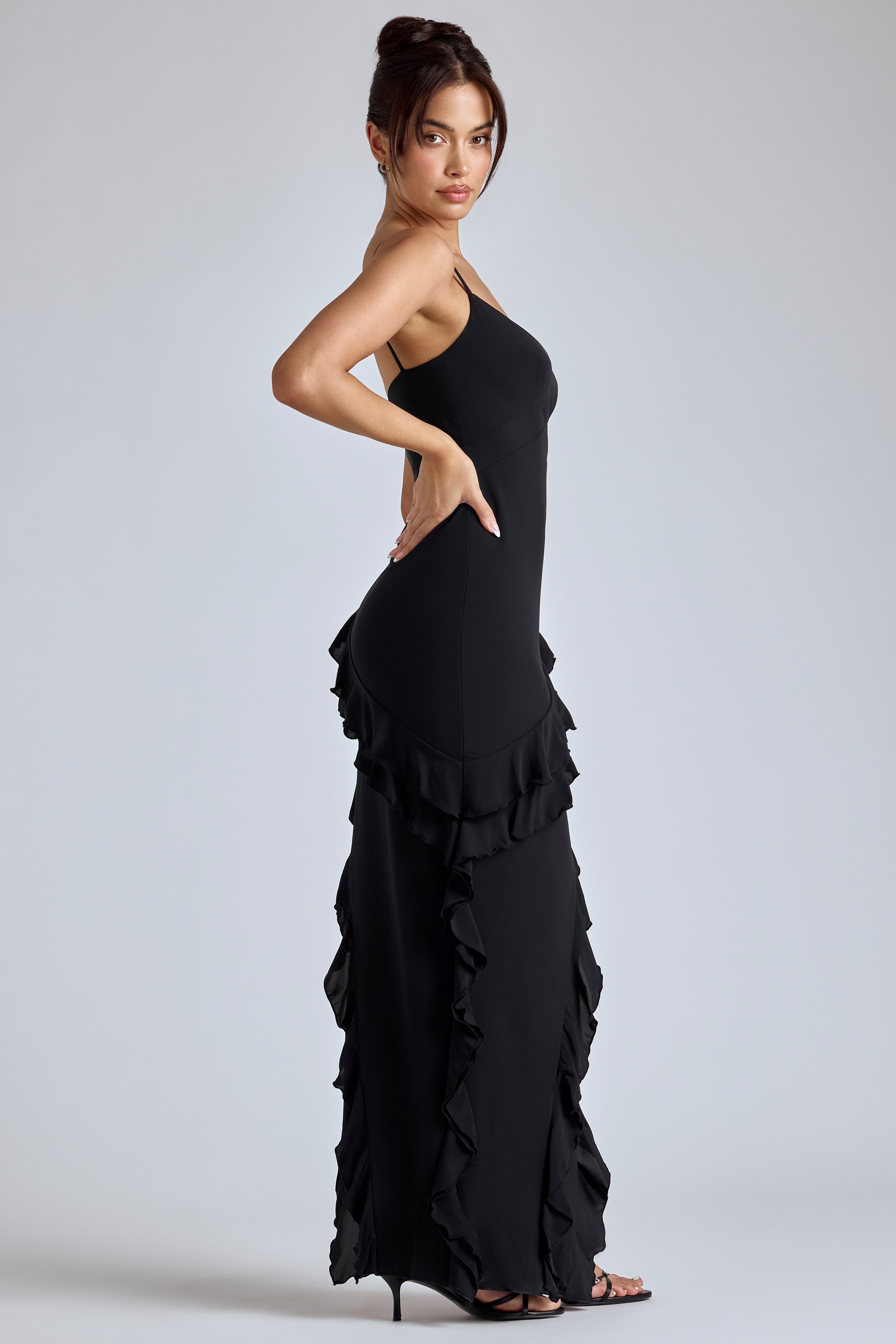 Panelled Ruffle Evening Gown in Black  Gemma Chic