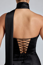 Draped Halterneck Satin Mini Dress in Black  Gemma Chic