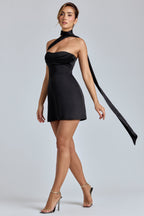 Draped Halterneck Satin Mini Dress in Black  Gemma Chic