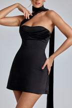 Draped Halterneck Satin Mini Dress in Black  Gemma Chic