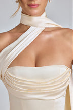 Draped Halterneck Satin Mini Dress in Ivory  Gemma Chic