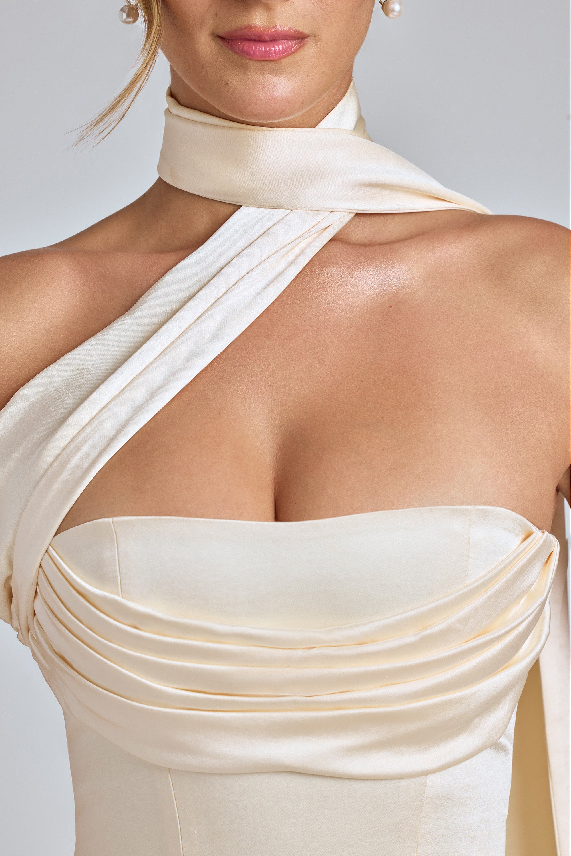 Draped Halterneck Satin Mini Dress in Ivory  Gemma Chic