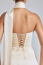 Draped Halterneck Satin Mini Dress in Ivory  Gemma Chic